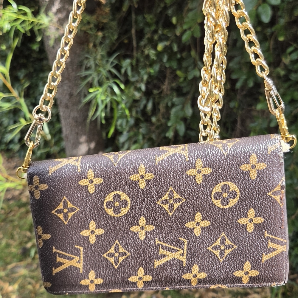 Designer-Inspired Brown Monogram Cardholder with Gold Chain - Picture 2 of 6
